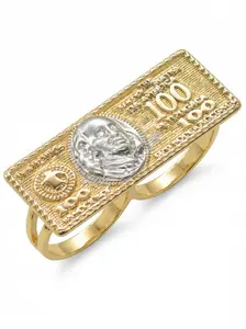 1pc 14k Hip Hop Style Dual Color Gold Plated Ring, Unisex Party Jewelry, Daily Wear Accessory, Fashionable Two Finger Ring, Engraved Ring, Jewelry Rings