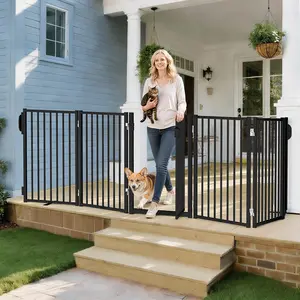 PAWGIANT 120" Free Standing Dog Gate with Door, Foldable Dog Fence for Indoor & Outdoor, 32''Height Dog Gate for Stairs, Hallways, Doorways, Deck, Yard, Pet Gate, 6 Metal Panels, Black
