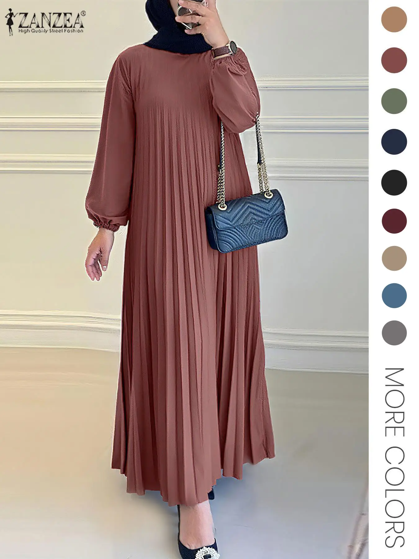 Women's Solid Color Bishop Sleeve Kaftan Dress, Modest Style Long Sleeve Keyhole Neckline Dress for Party Holiday Wedding Guest, Fall & Winter Clothes, Modestfashion, Long Sleeve Dresses, Modest Islamic Clothing