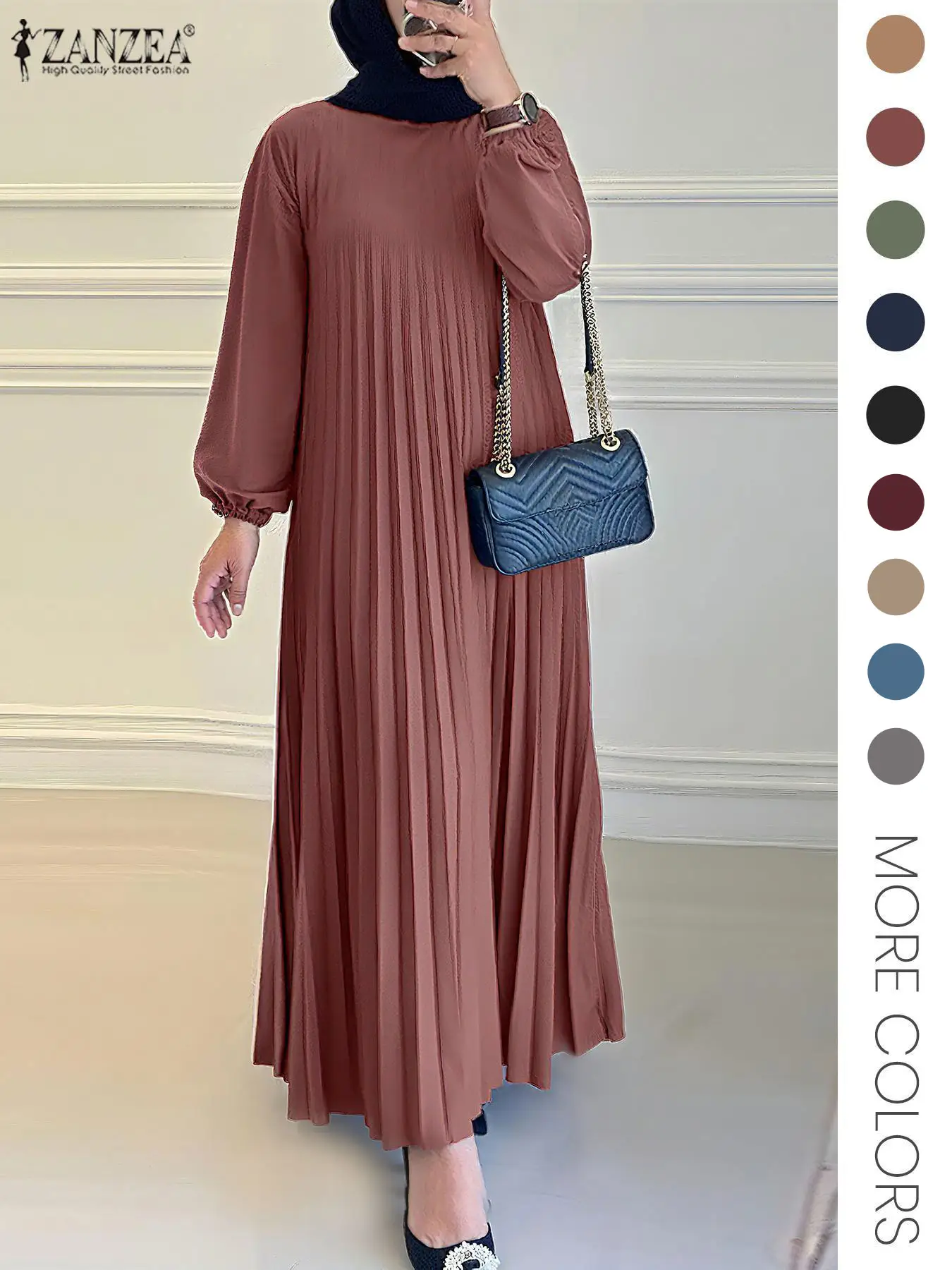 Women's Solid Color Bishop Sleeve , Pleated Detail Kaftan Dress, Modest Long Sleeve Keyhole Neckline Dress for Party Holiday Wedding Guest, Ladies Fal