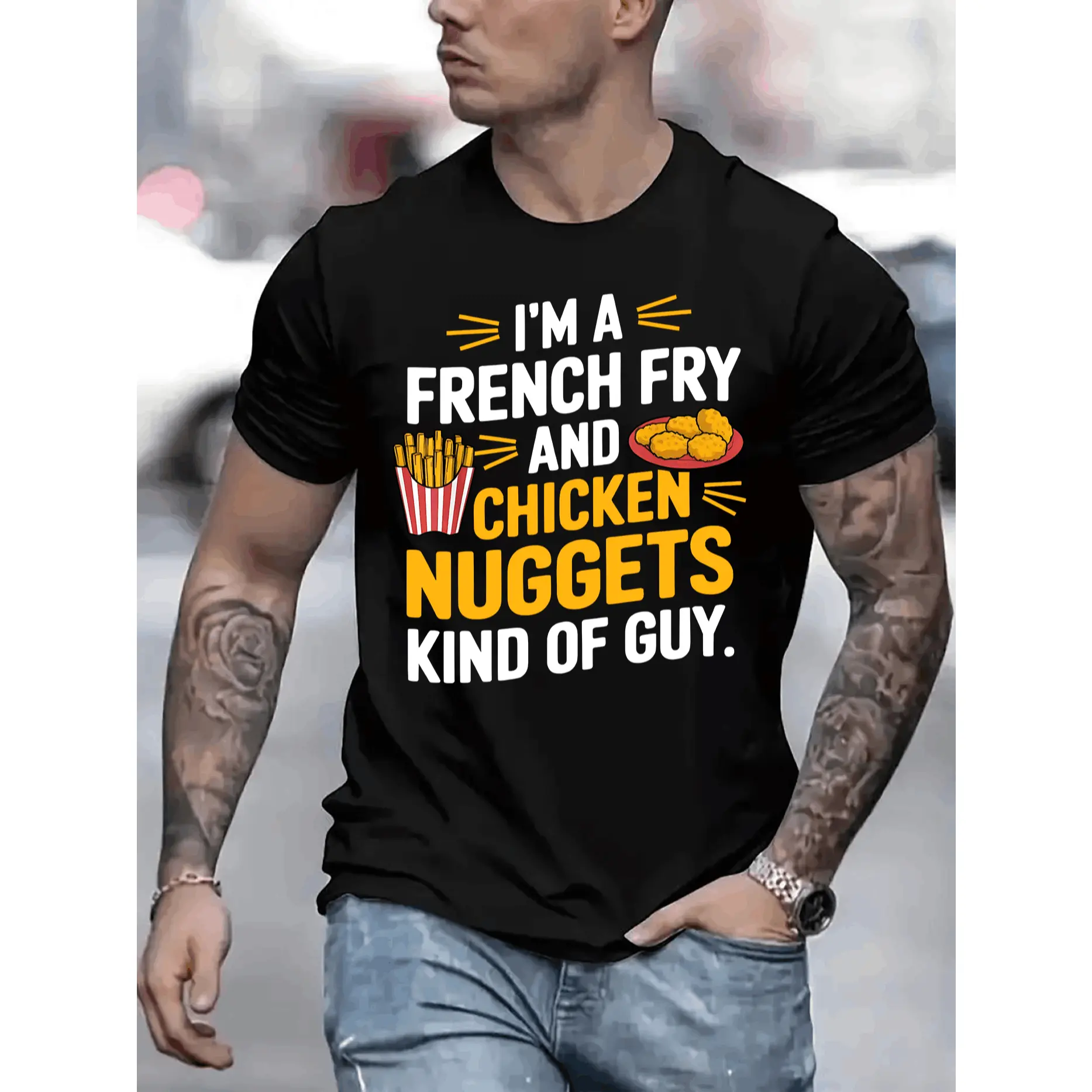 I am a french Fry and chicken nuggets kind of guy Graphic Print T-Shirt For Men Casual Short Sleeve Tee 1 Pcs  Heavy Cotton - Comfortable Crew Neck, Soft Adorable Tees Tops