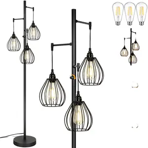 Dimmable Floor Lamp, Farmhouse Industrial Standing Lamp with 3 PCS 7W LED Edison Bulbs & 3 Light Elegant Teardrop Cage Heads, Black Rustic Tree Tall Vintage Pole Lamps for Living Room Bedroom Decor