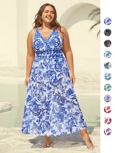 【Tammy Control】【Cruise Swim-Dress】BLOOMCHIC Valentines' Gift Cruise Two-Piece Floral Print Ruched Mesh Swimsuit & Sarong Tankini Swimdress with Removable Cups & Tummy Control for Summer Beach Vacation