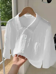 Women's Solid Color Shirt, Casual Button Front Top for Summer, Women's Clothing for Daily Wear