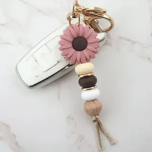 Fashion Floral Silicone Bead Keychain, Floral Pattern Keychain, Cute Car & Wallet Ornament, Lobster Clasp, Perfect New Year Gift for Women