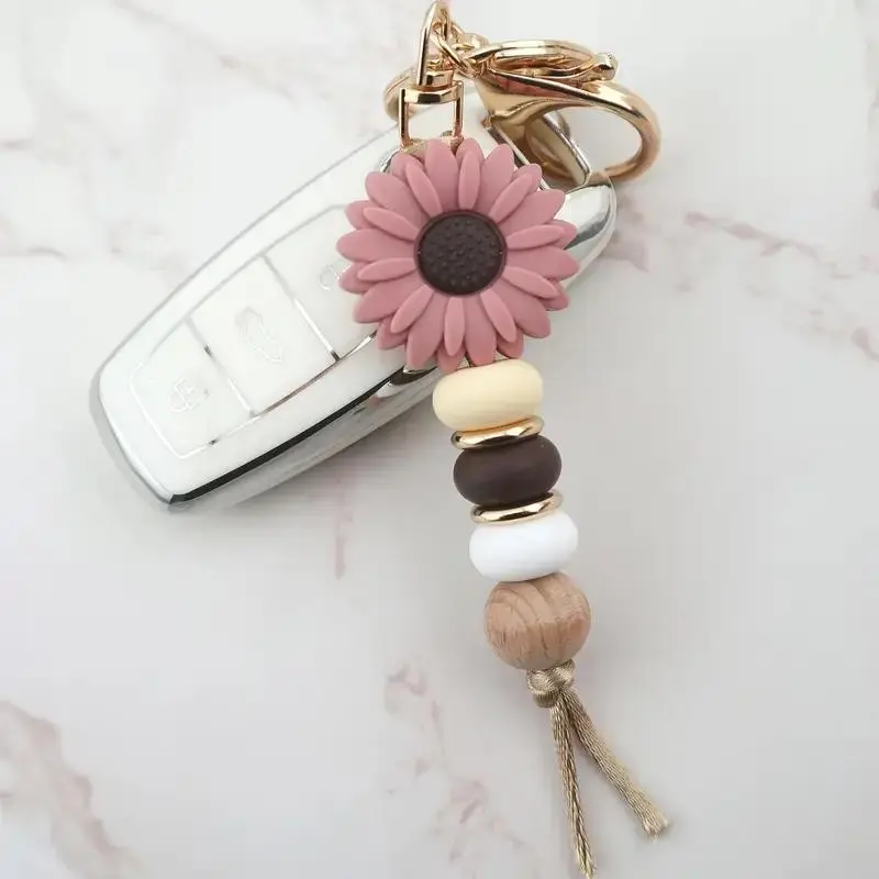 Fashion Floral Silicone Bead Keychain, Key Accessories, Floral Pattern Keychain, Flower Keychain, Cute Car & Wallet Ornament, Lobster Clasp, Perfect New Year Gift for Women, Beaded Keychain