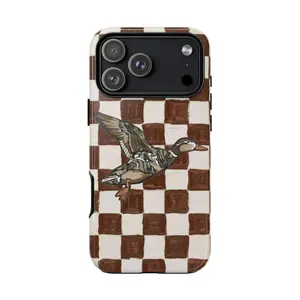 Retro Duck Checkered Durable Rubber Shell Smartphone Casing, Brown Vintage Aesthetic Accessory, Wireless Tropical Christmas Gift Compatible with iPhone 17, 16, 15 Pro Max, Cellphone Accessories Protection