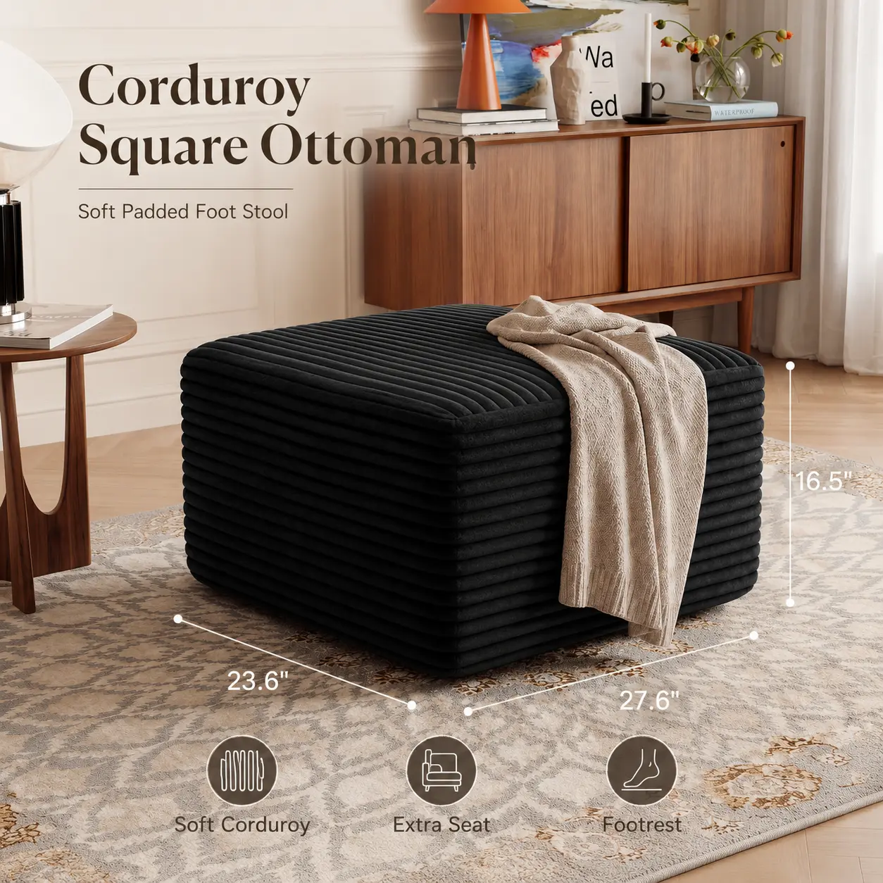 27.6 in Square Soft Padded Ribbed Corduroy Ottoman - Compression-Shipped Indoor Stool, Ultra-Cozy Upholstered Footstool, Modern Accent Furniture, Floor Chair & Extra Seat for Living Room, Bedroom Decor