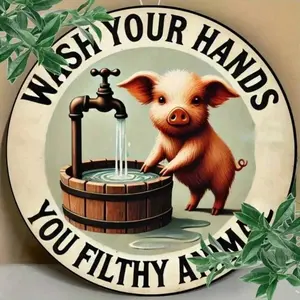 Hand Washing Pig Themed Round Metal Wall Art Sign – Easy-To-Hang Indoor/Outdoor Round Metal Decor, Decorative Plaque, Ideal Holiday Gift