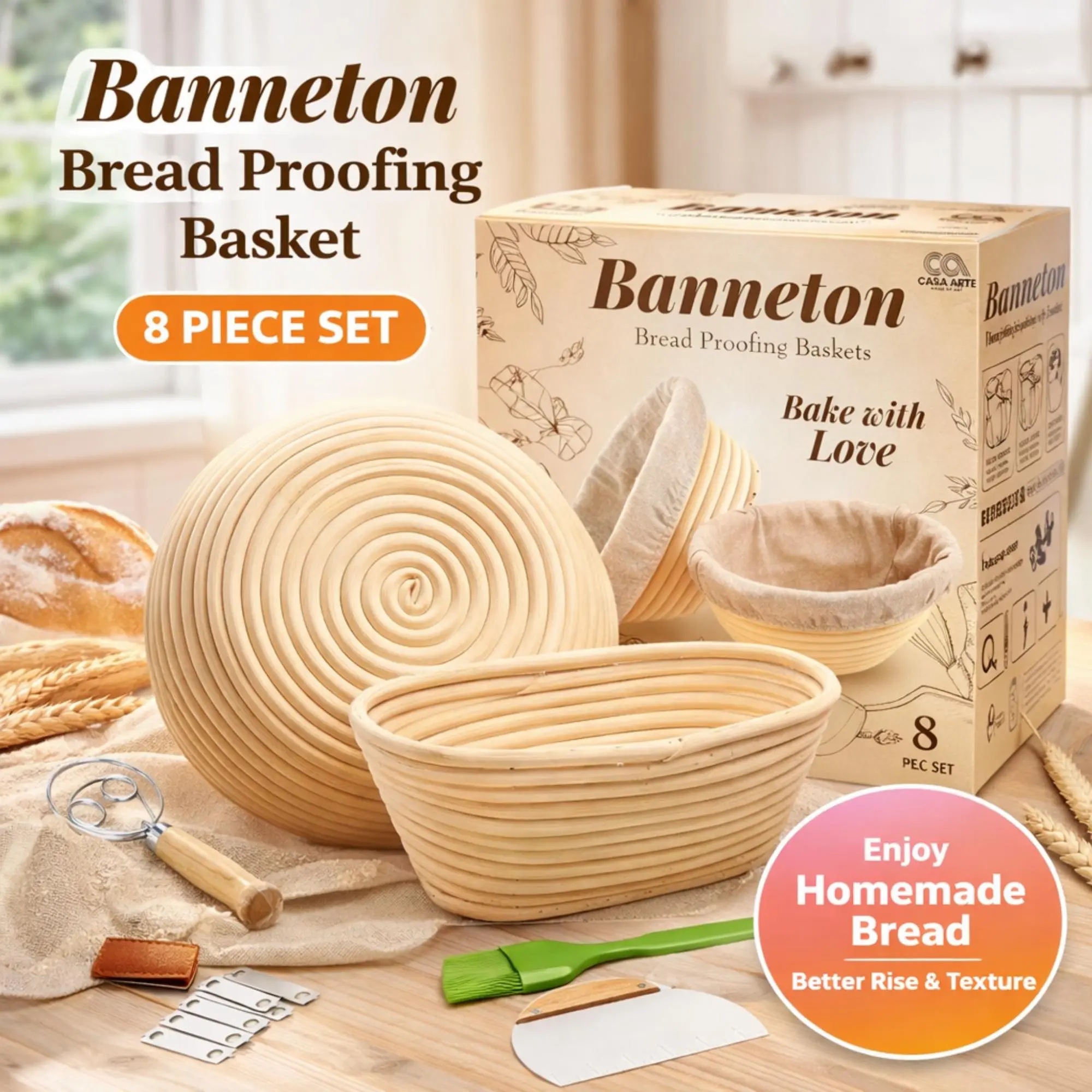 Sourdough Bread Baking Supplies Kit - Danish Dough Whisk, Bread Lame, Proofing Baskets 10 inch Round & 9 Oval, Dough Scrapers, Cooking Brush, Basket Liners Complete Sourdough Starter Bread Making Set