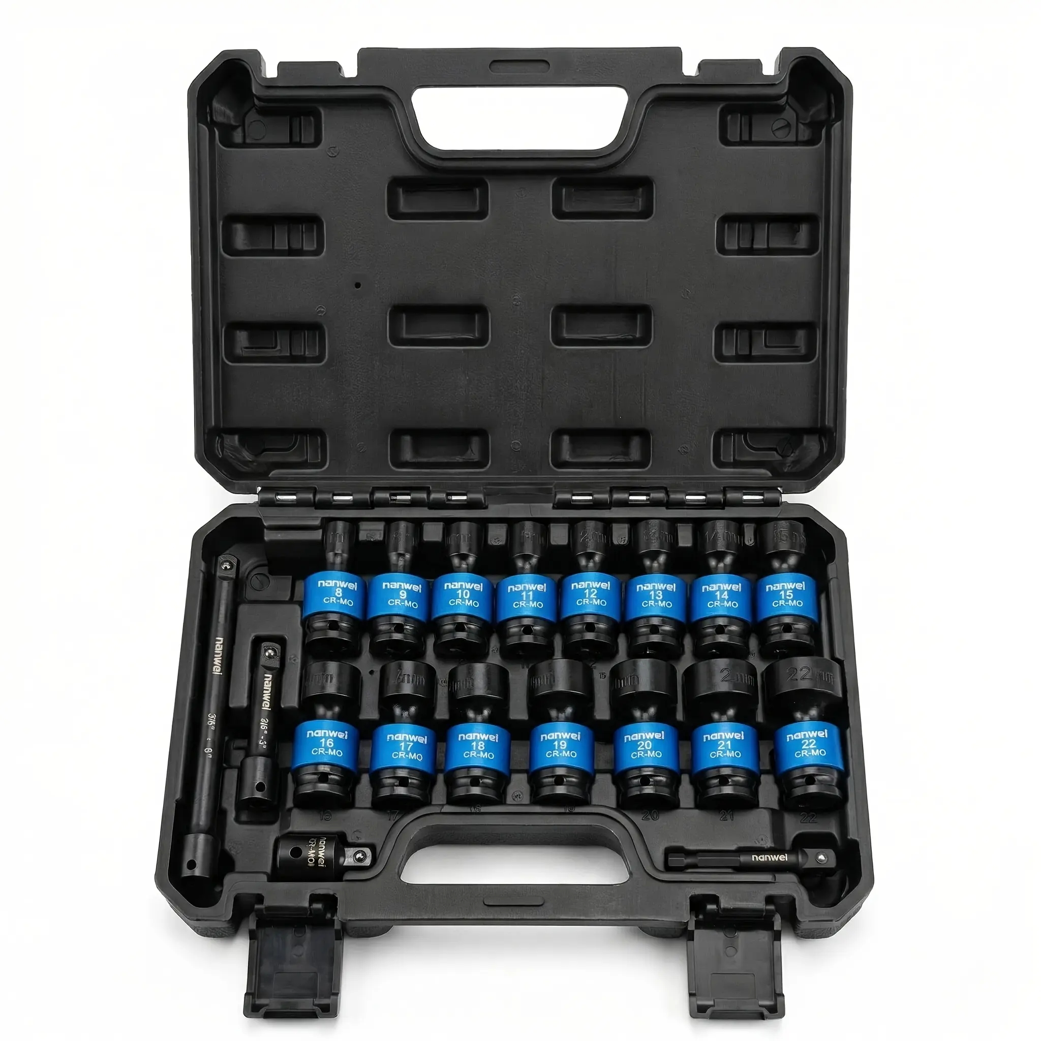 NANWEI 3/8" Drive Universal Impact Socket Set, 19 Pieces CR-MO Swivel Socket Set, Metric(8-22mm) Wobble Sockets 6 Point with Extension Bars, Adapter and Black Organizer