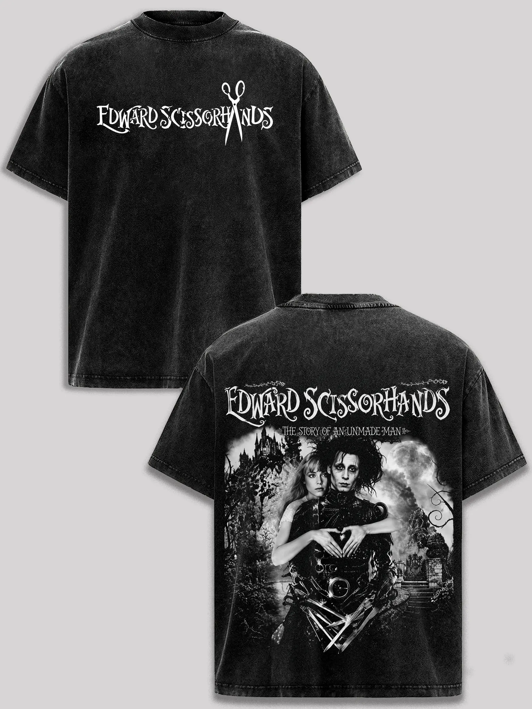 Edward Scissorhands Vintage Washed T-Shirt Tim Burton Edward Scissorhands Movie Graphic Tee Johnny Depp Gothic Horror Fantasy Romance Cult Classic Dark Aesthetic Retro Acid Wash Cotton Tee Halloween Emo Streetwear Gift for Men Women