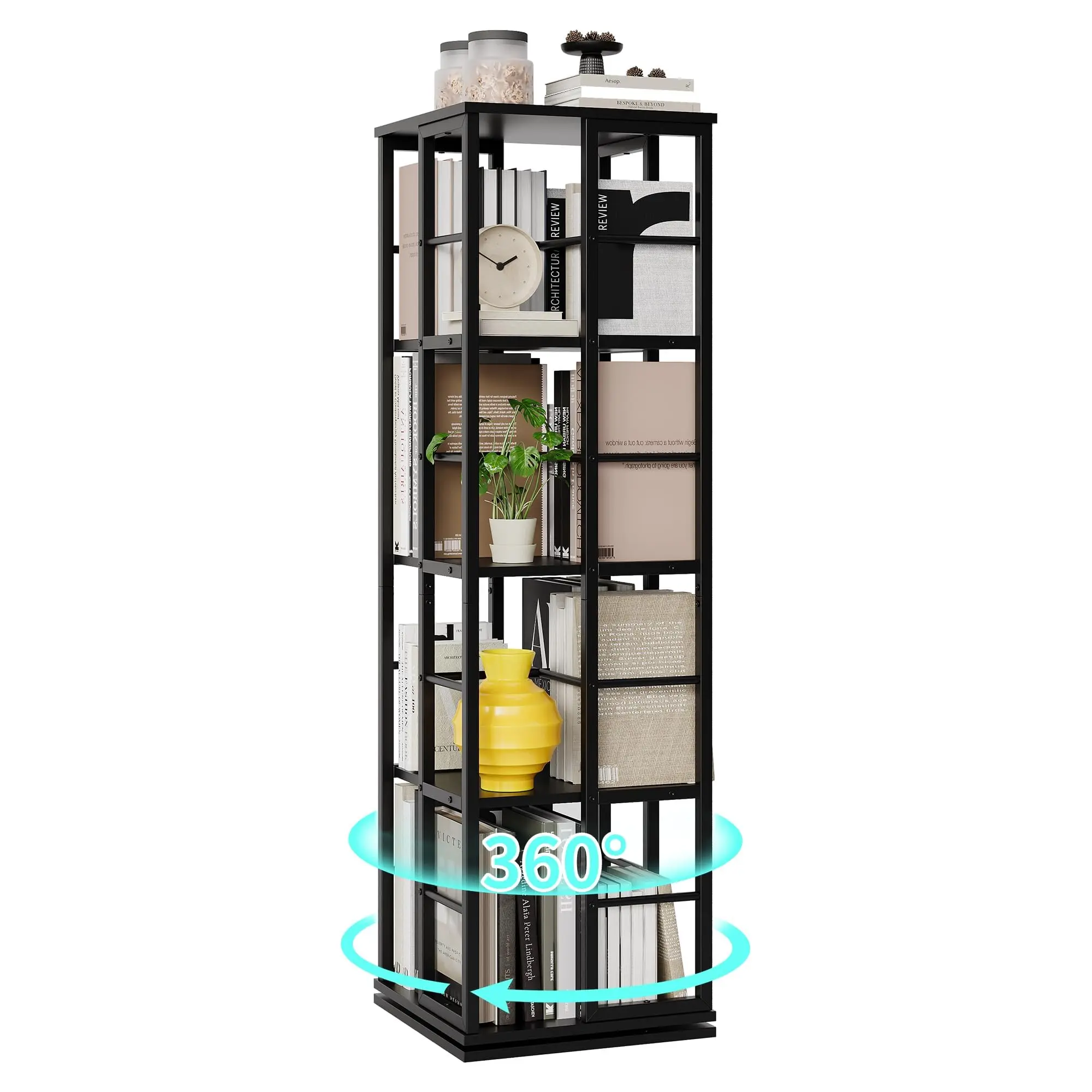 Garvee Estantería giratoria de 4 niveles para espacios pequeños, estantería giratoria de 360° con diseño de esquina, organizador de almacenamiento giratorio de madera y estante de exhibición para sala