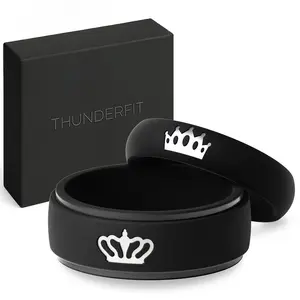 ThunderFit Silicone Rings for Him and Her, Wedding Bands for Couples with Crown and King/Queen Engraving, 2-Pack Couple's Rubber Engagement Bands with Gift Box