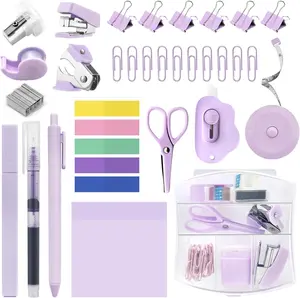 Valentine Day Gift   Mini School Office Supply Kit with Purple Mini Stapler, Staples & Tape Dispenser Set, Includes Sticky Notes, Index Tabs, Highlighters, Gel Pens