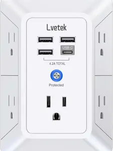 Limited Time-Deal 5 Outlet Extender Multi Plug Wall Outlets with 4 USB Charging Ports, 3 Sided 1680J Surge Protector Power Strip USB Wall Charger