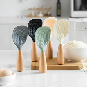 Silicone Spoon with Wooden Handle, 1 Count Non-stick Heat Resistant Rice Spoon, Heat Resistant Spoons, Kitchen Utensils for Cooking, Kitchen Cooking Accessories