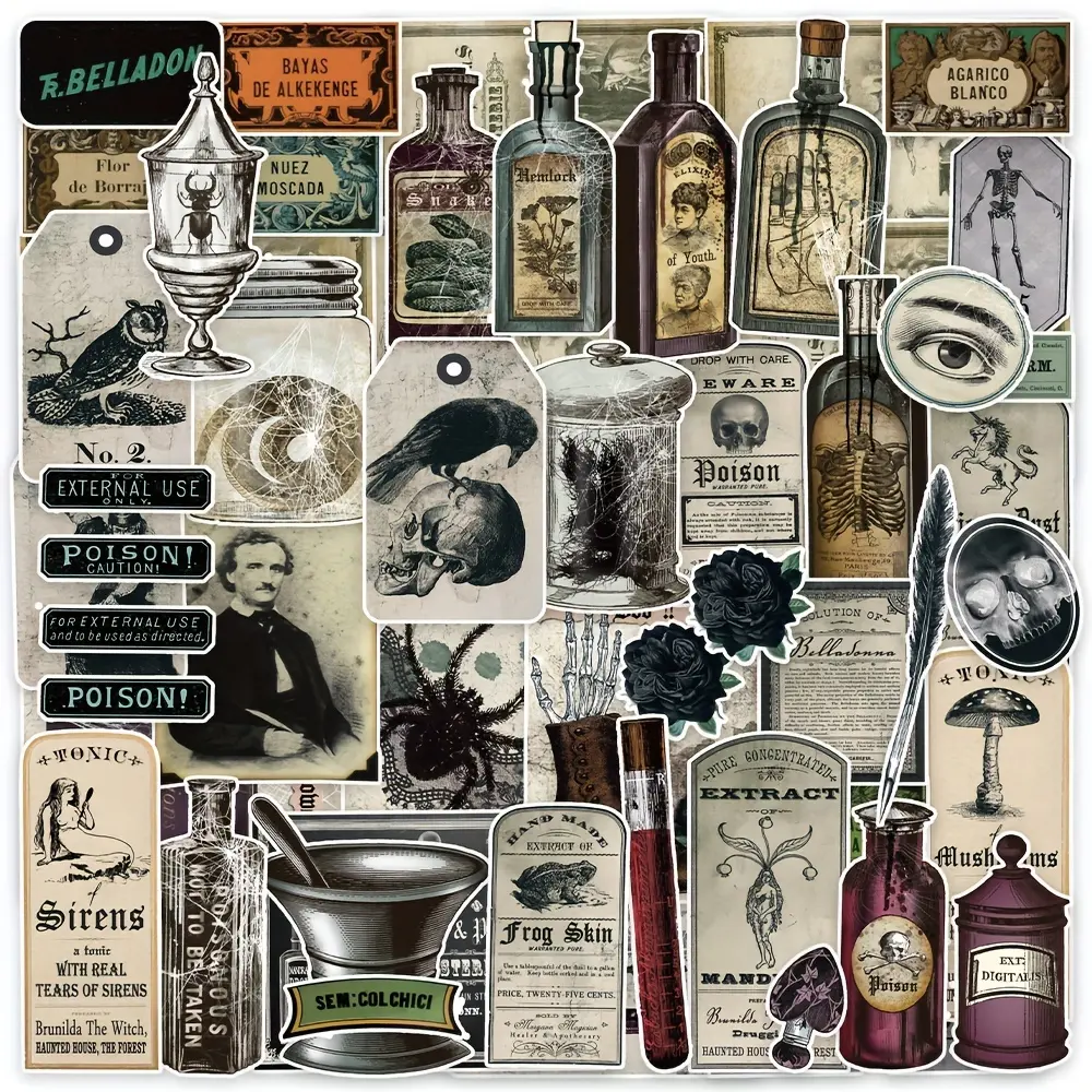 50/200PCS Vintage Potion Bottle Labels Stickers Retro Horror Gothic Stickers For Junk Journal Suitcase Scrapbooking Laptop Phone Cellphone Water Bottle Decoration, Sticker Set