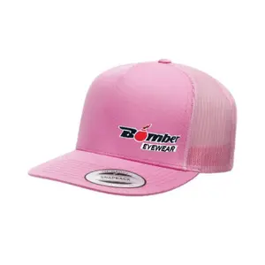 FLAT BILL PINK SNAPBACK TRUCKER HAT WITH BOMBER LOGO