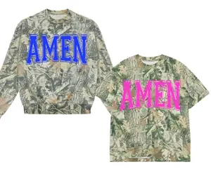 AMEN Camo 3d Print Tshirt with Bold Blue Lettering and Tree Pattern Design