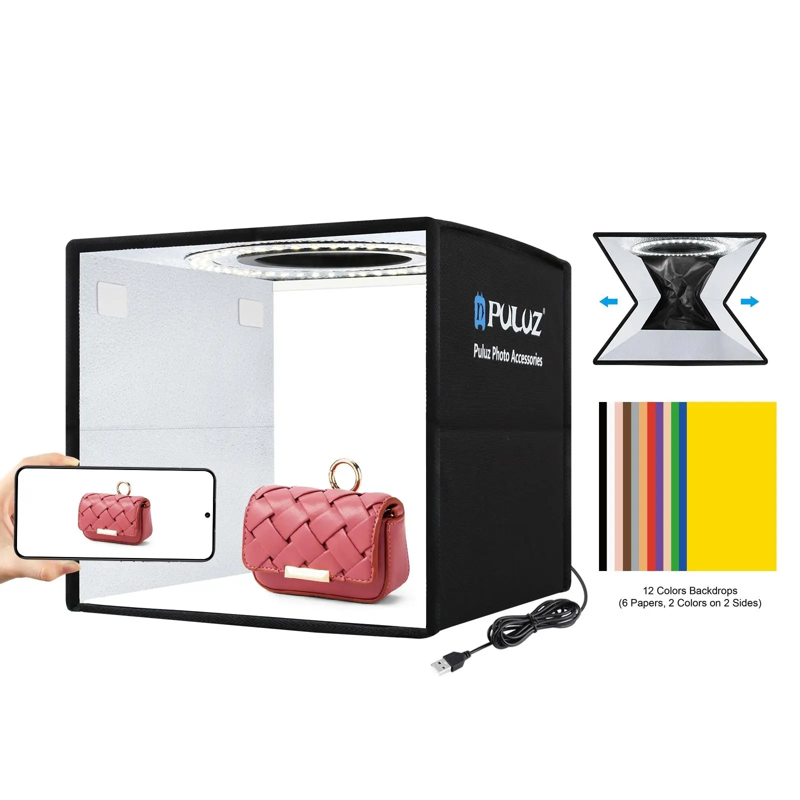 USB Powered Mini Photography Studio Box, Portable Foldable Photography Studio Box with 12 Colors Backdrops, Professional Camera Accessories for Home & Office Use