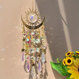 Boho Style Sun Catcher, Star & Moon Design Hanging Decor, Home Decor Ornaments, Hanging Ornament for Home Decor, Room Decor, Bedroom Decor, Home Decor, Gift for Family, Hangable Wall Art Decoration, Interior Decoration Accessories