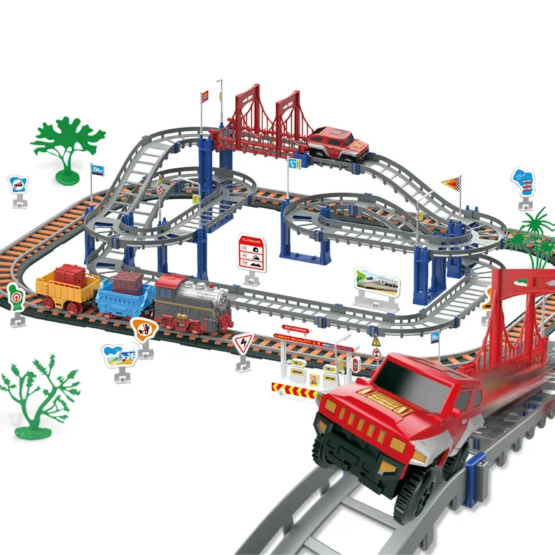 Kids Electric Train Playset - Classic Novelty Toy for Little Boys with Lights Up Bridge, Train Track Pieces, Road Signs, Realistic Sound, Railway Accessories, Versatile Play & Railway Fun - Perfect Gift for Birthdays