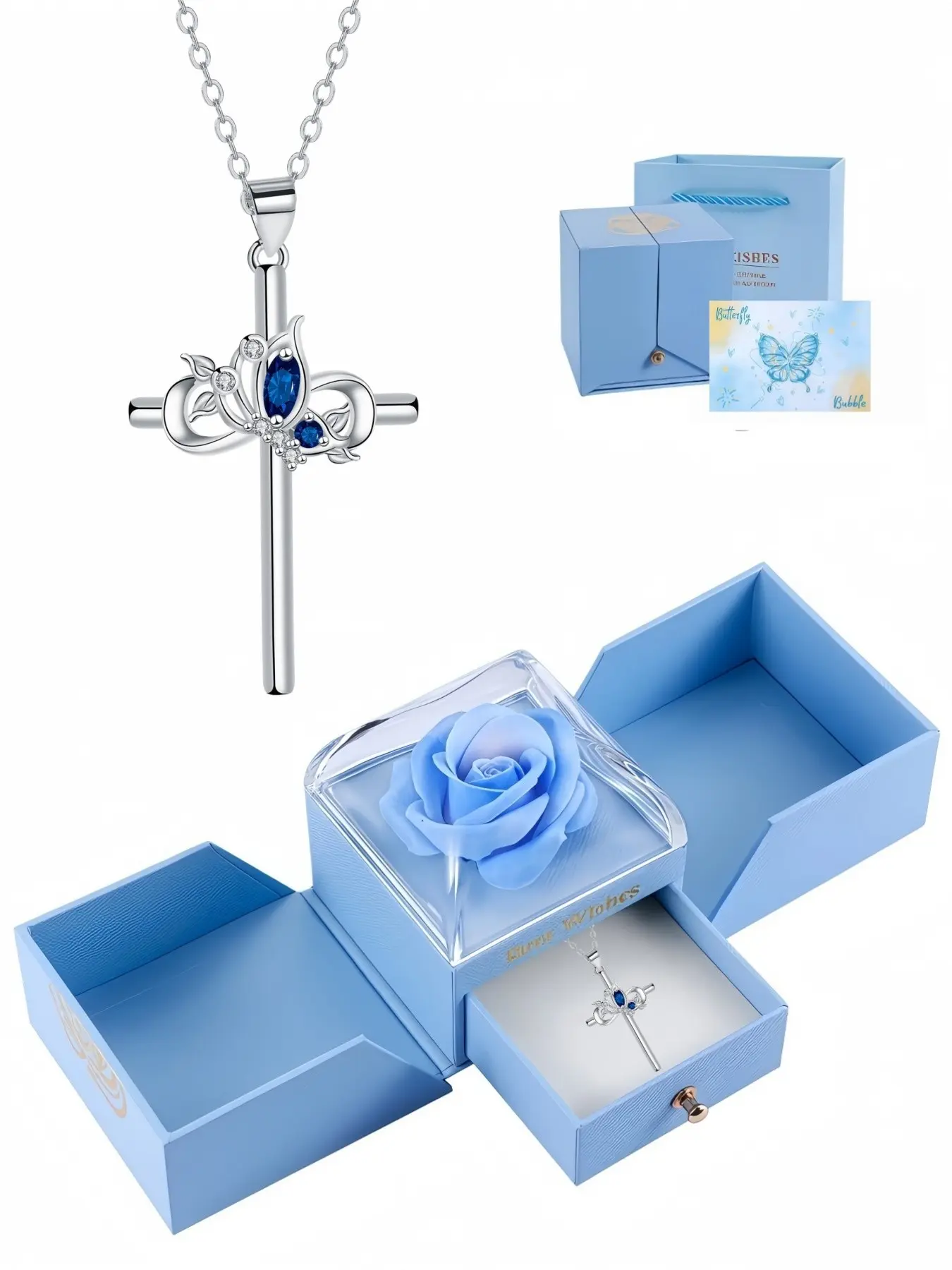 Blue Diamond Cross Bloom Luxury sapphire necklace with butterfly and cross design. Paired with a surprise double-door preserved rose jewelry box, ideal for birthdays, Mother's Day and Valentine's Day. Exquisite Jewelry Gift Cross Necklaces