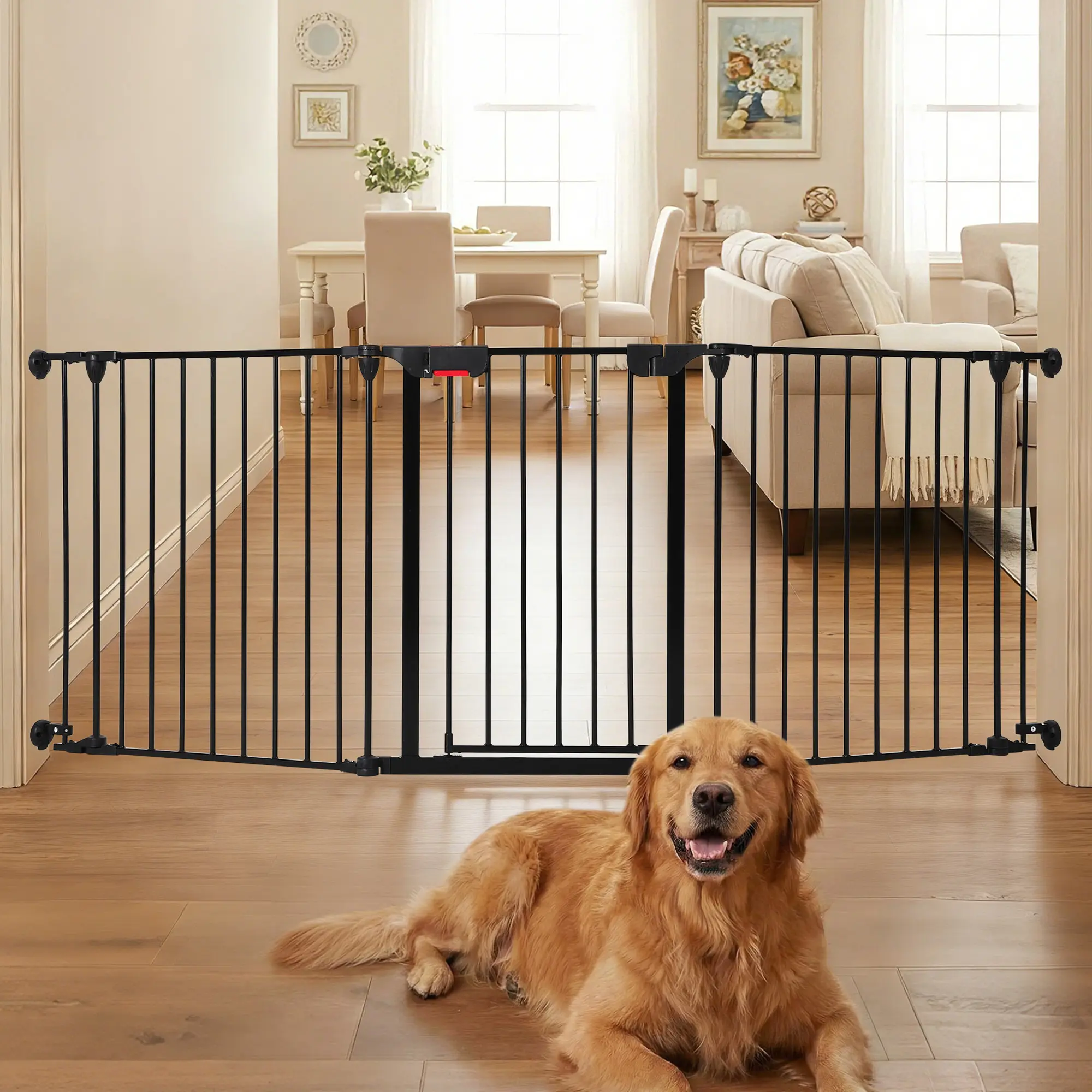 Garvee Extra Wide Baby & Pet Safety Gate - Adjustable Metal Barrier with Lockable Door for Doorways & Stairs - Freestanding or Wall-Mounted, Collapsible, Portable, 29" Tall, 3 Panel -Black