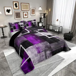 Purple Grey Black Comforter Set,Oil Painting Geometric Bedding Set for Kids Teen Adults,Watercolor Patchwork Geometric Square Comforter Modern Artwork Bed Set
