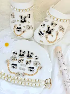 16-Piece Shoe Buckle Set, Rabbit Ears Heart Pearl Chain Decorations, Trendy Hole Shoes Accessories, Bling Shoe Charms
