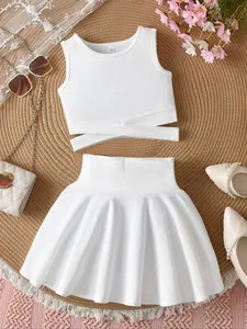 Teen Girls Plain Cut-Out Sleeveless Vest Top & Pleated Short Skirt Set, Preppy Style, Slim Fit, Summer Casual Wear, Casual Outfit Set