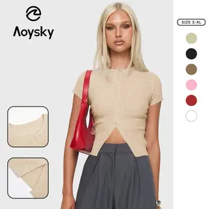 Aoysky Womens Short Sleeve Sweater Tops Summer Button Down Casual Ribbed Knit Slim Fit Cropped Cardigan Shirts