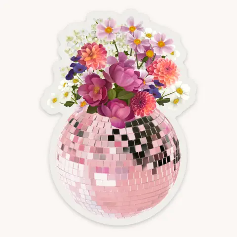 Elyse Breanne Design Decorative Disco Ball Bouquet Vinyl Sticker - 2.45x3.4" Matte Finish, Removable Waterproof Decals, Alcohol Wipe Cleanable, Easy Swap, Stylish Car Merch, Windshield Sticker, Car-Bottle Ready