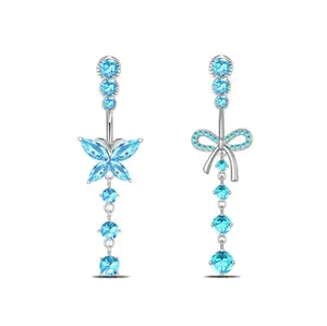 HERVAY 14G/10MM Bow Heart Belly Ring - Blue Silver Stainless Steel + Blue Crystal Butterfly - Unisex Jewelry