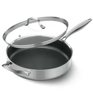 ATSENT Hybrid Non-Stick Frying Pan with Lid, 11" Stainless Steel Skillet, Induction & All Cooktops Compatible, Dishwasher & Oven Safe, Non-Toxic Aluminium Cookware