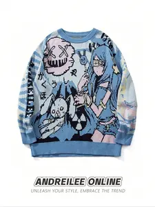 Unisex Y2K Style Punk Fashion Graphic Cartoon Print Sweater, Casual Loose-Fitting Round Neck Long Sleeve Pullover Tops for Fall & Winter