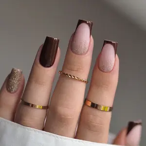 24pcs Medium Square Press-On Nails, Edge Color Block Glam Pack Glitter Sweet Cool French Style, Women's Party Dance Daily Wear, Short Length