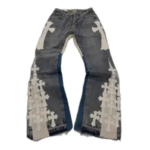 Collage Cross Straight Pants Heavy Industry Three-dimensional Street Loose Micro-flare Jeans Blue Cotton High Waist Medium Thickness Zipper Bottom Womenswear Fabric Polyester