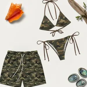 Matching Camo Couple Swimwear, Army Green Bikini and Swim Trunks 9UA
