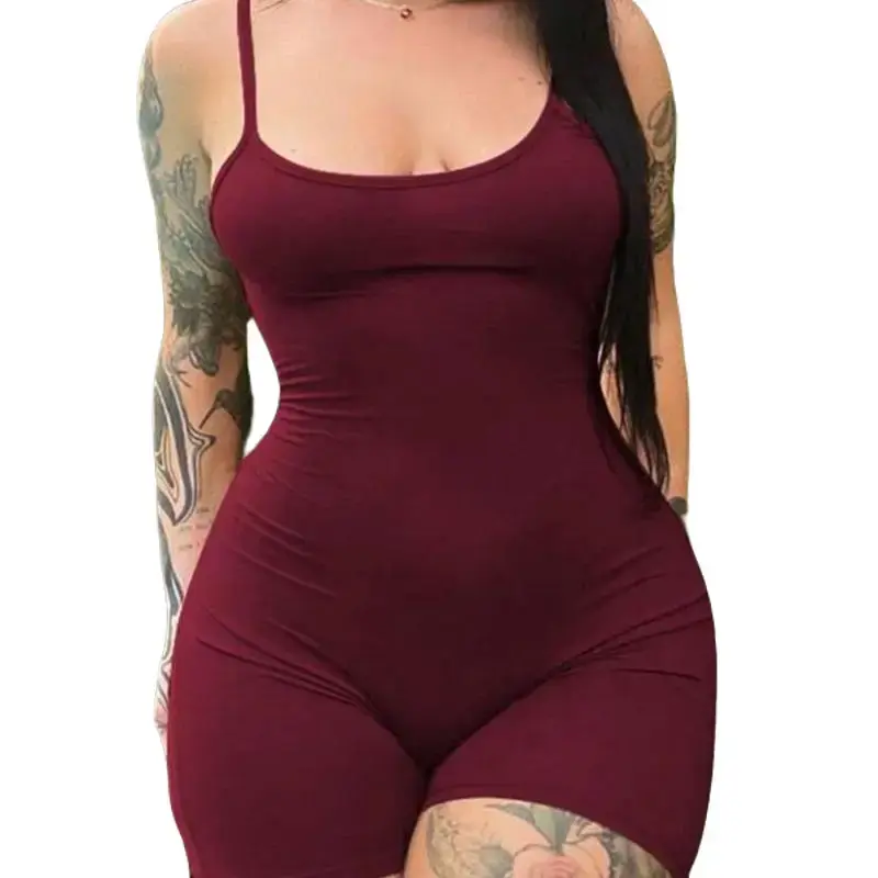 Women's Plus Size Sleeveless Fitted Spaghetti Strap Backless 1-Piece Unitard Romper - Deep Maroon Solid Bodysuit, Casual Elegant Wear (Bodysuit for Women), Basic, Comfortable Fit, Simple