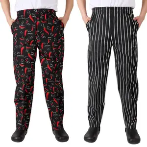 Chef Pants Elastic Waist Summer Breathable Black & Striped Menswear Fathers Day Gift Straight Fit Work Pants White Casual Red Chili Pepper Prints(Sheets)