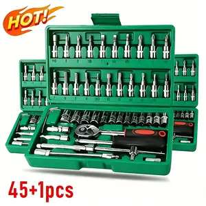 【SummerVibes】46pcs 1/4 Inch Car Repair Machinery Tools Set, Household Machinery Tools, Socket Wrench Diy Repair Tool Kit, Ratchet Screwdriver Compatible with Car Repair & Bicycle Repair, Hardware Toolbox Compatible with Auto Repairing & Household,Gift