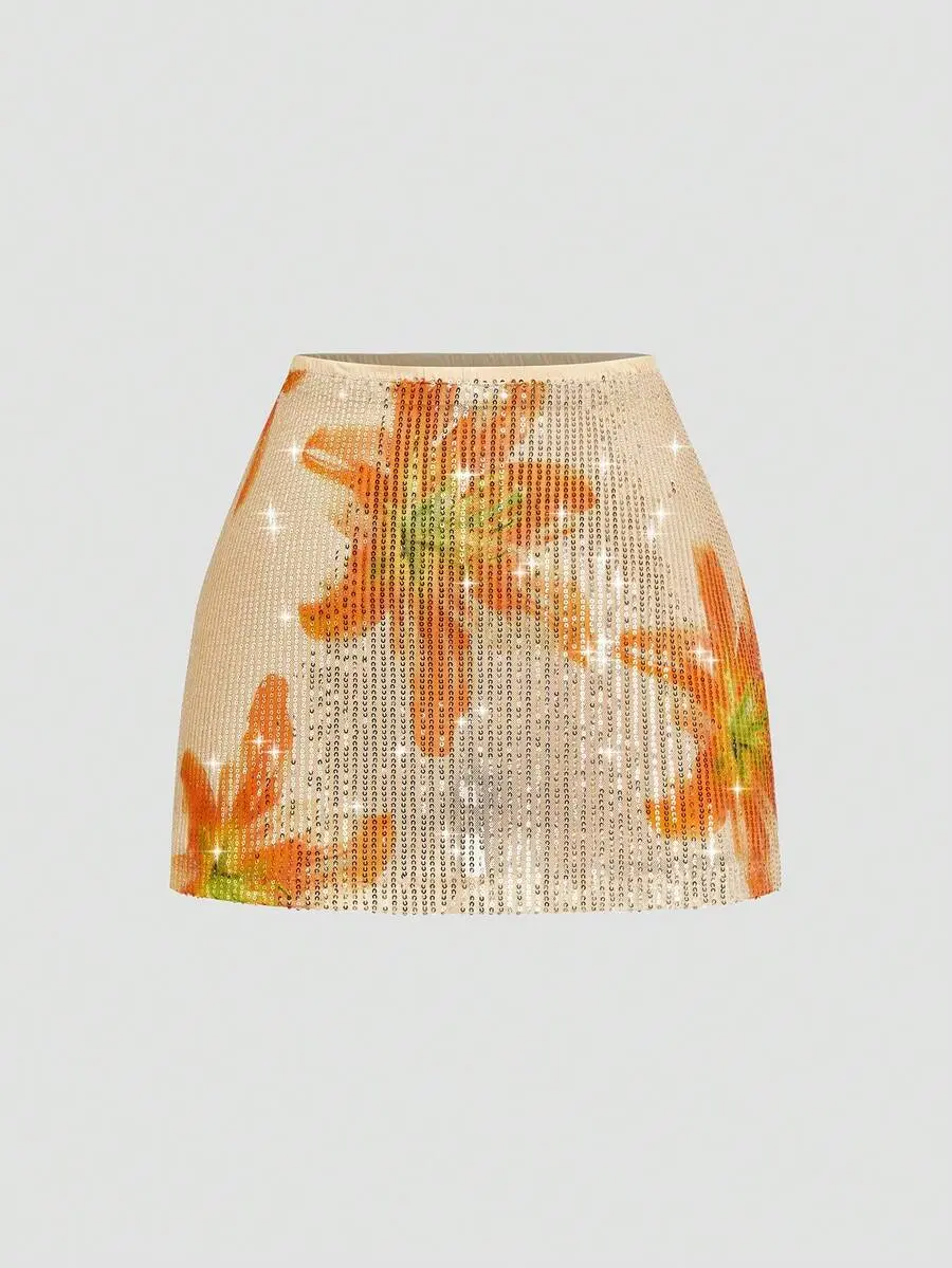 Plus Size Sequin Floral Print Skort for Women, Beige Summer Shorts Skirt, Retro Girlism Rave Outfit, Elegant Carnival Clothing, Coachella Festival Outfit, Concert Party Skort, Sparkly Y2K Summer Bottoms, Vacation Style