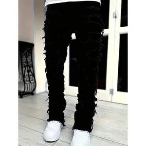 Men's Slim Fit Layered Ripped Jeans With Patches, Cotton Blend Distressed Denim Pants For Casual Outings