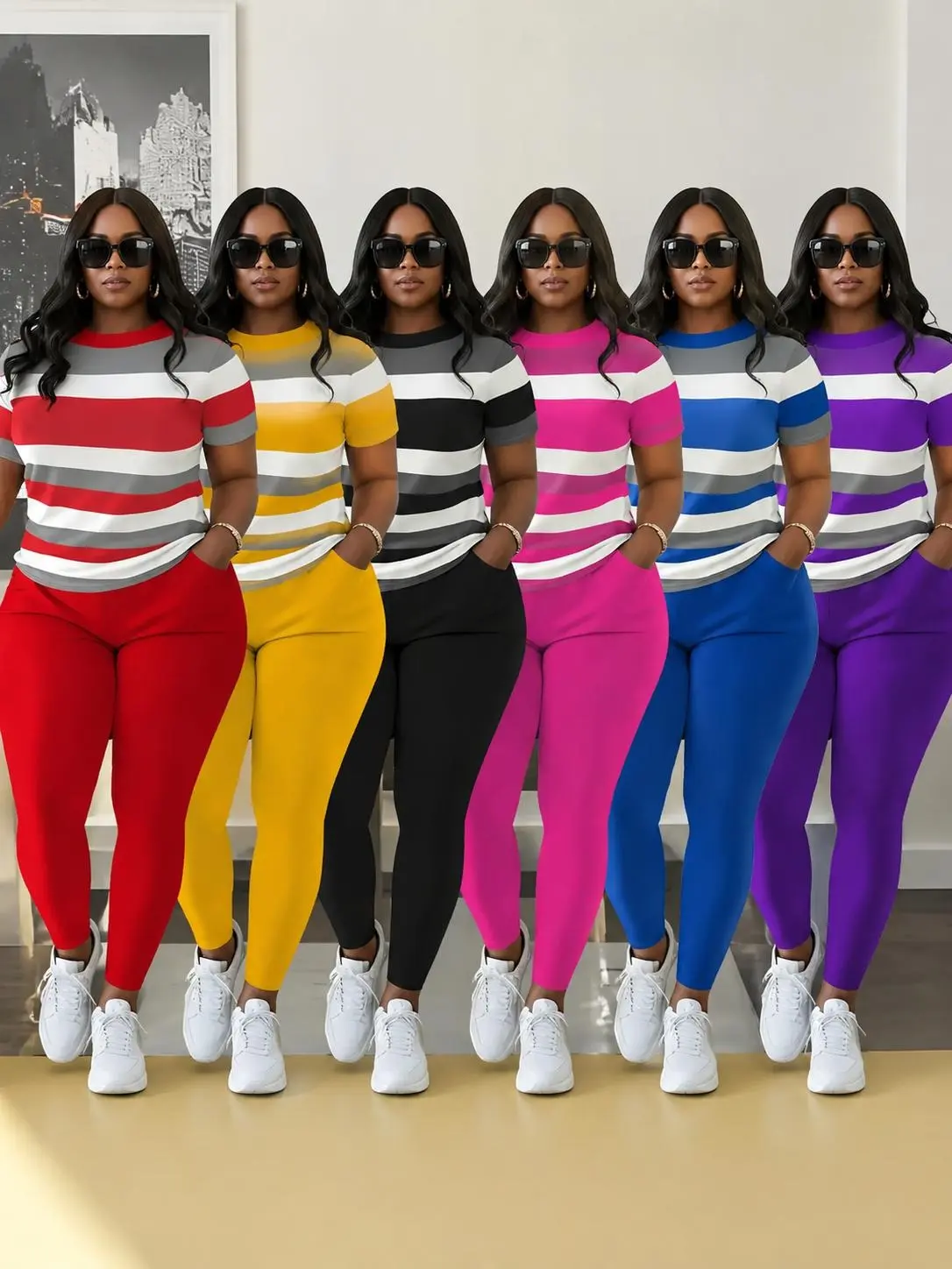 Women's Plus Size Striped Print Short Sleeve Top & Pants Two-piece Set, Casual Fashion Cozy Round Neck Top & Trousers for Daily Outdoor Wear