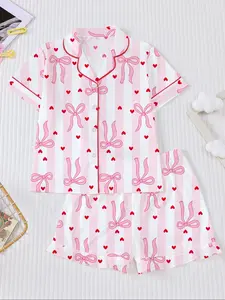 Girls' Sweet Bow Heart Stripe Cartoon Print Pajama Set, Fire Retardant Button-Up Shirt & Elastic Waist Shorts, Casual Home Wear