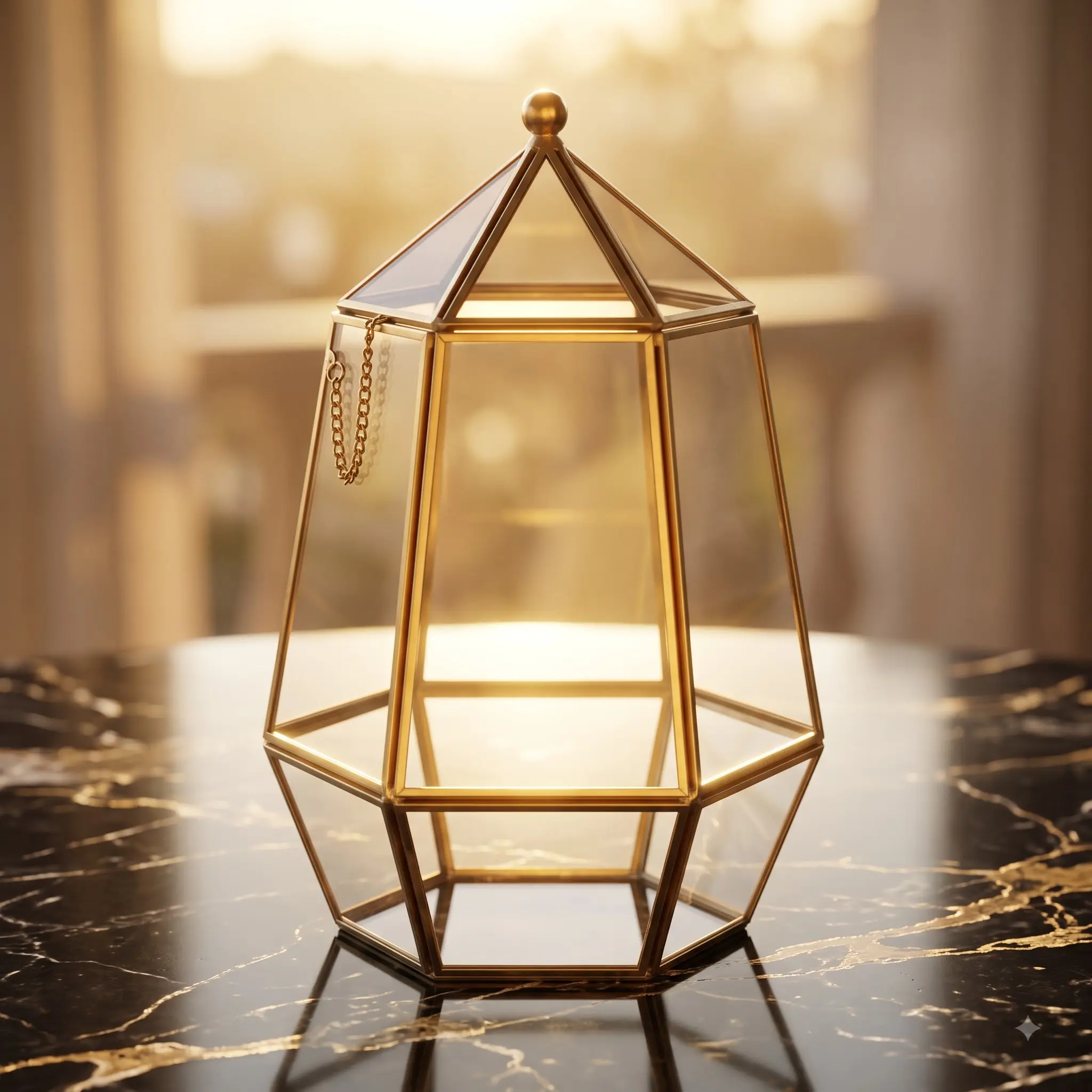 Elegant Gold Frame Glass Terrarium with Chain Handle for Decorative Display