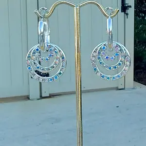 Silver Aura Swarovski Crystal Earrings 100% Nickel Free, Elegant, Triple Circle Design