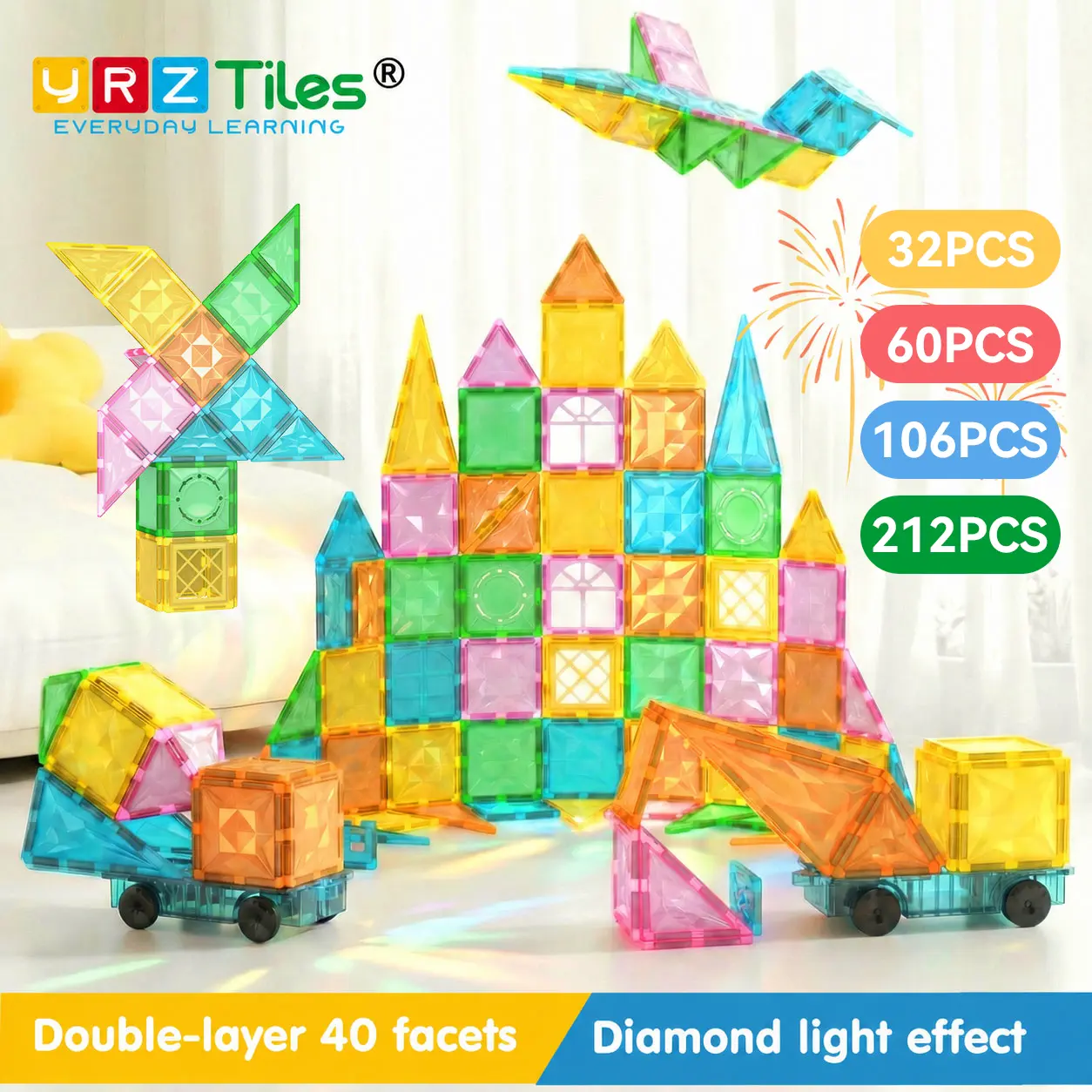 YRZtiles STEM Magnetic Tiles,106PCS/60PCS/32PCS3D DIY Magnet Building Blocks,Creative Stacking Cubes,Educational Construction Toys,Early Learning Brain & Math Development,Preschool Sensory Toy,Perfect Children's Day Gift for 3-6 Years Old Toddlers